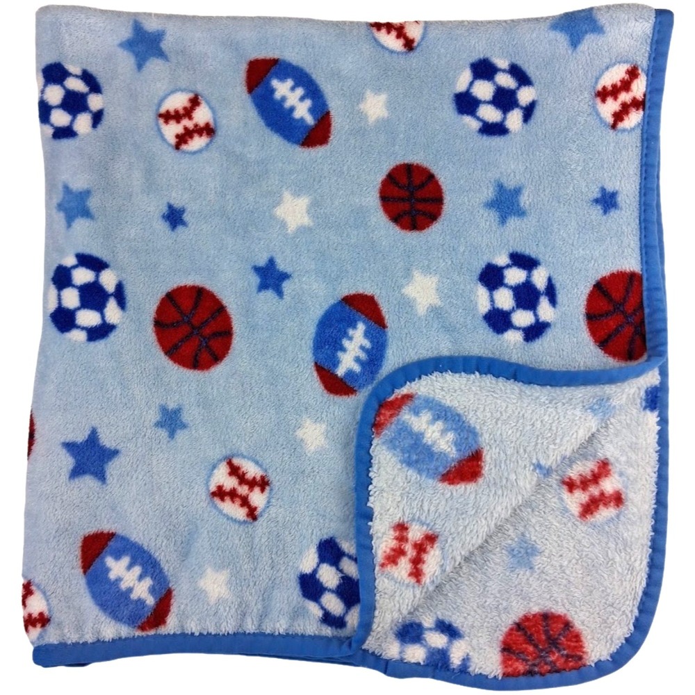 Flaw * Cutie Pie Blue Sports Ball Themed Baby Boy Blanket Soft Security htf